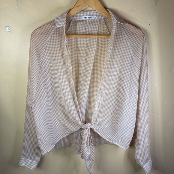 Farrow Womens Gingham‎ Open Front Tie Blouse Long Sleeve Size Small Beige Y2K - Picture 1 of 7